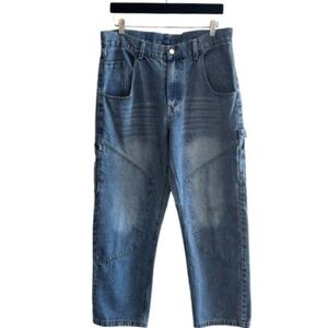 Juny Double Knee Utility Carpenter Baggy Jeans Blue Faded Skater Streetwear